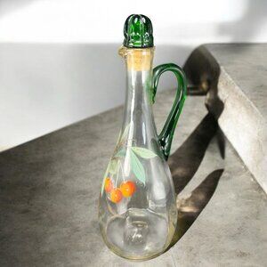 Antique Clear Glass Decanter Jug Container Raised Fruit Green Handle Stopper VTG